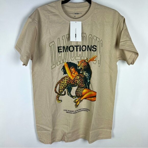 Nwt - Fashion Nova, Men’s Dangerous Emotions Short Sleeve Tee - Beige. Size: M. - Picture 8 of 10